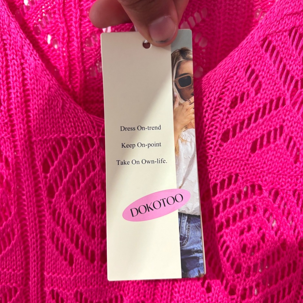Dokotoo Womens Hot Pink Crochet Knit V-Neck 3/4 Sleeve Relaxed Sweater Large NEW - Picture 5 of 8